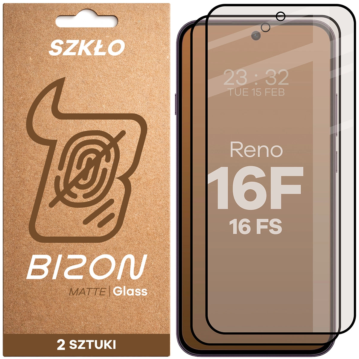 Mattes Hartglas für OPPO Reno16 F, OPPO Reno16 FS, Bizon Glass Matte Duo, Schwarzer Rahmen, 2 Stück (1/4)