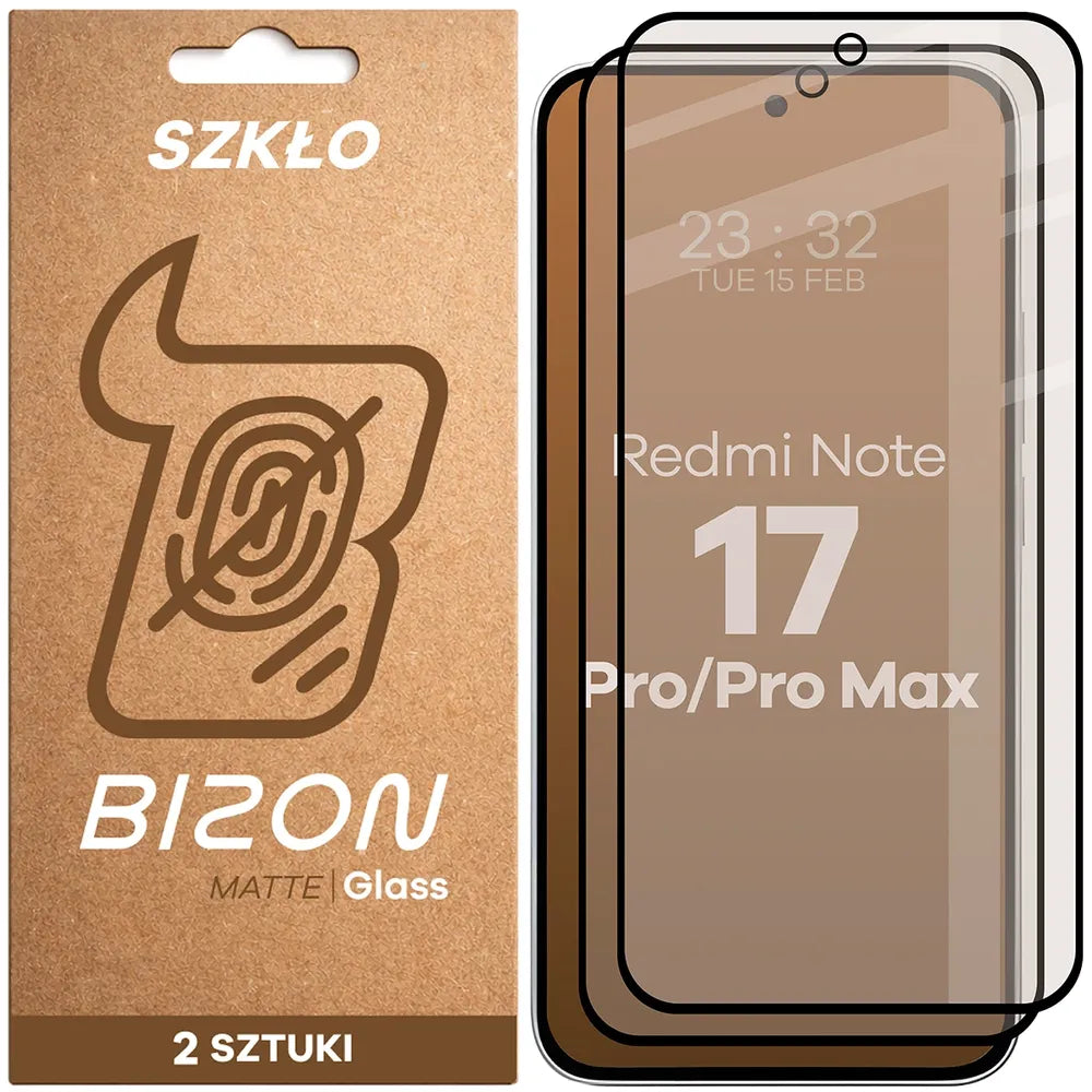 Mattes Hartglas für Xiaomi Redmi Note 17 Pro 5G / Pro Max 5G, Bizon Glass Matte Duo, Schwarzer Rahmen, 2 Stück (1/4)