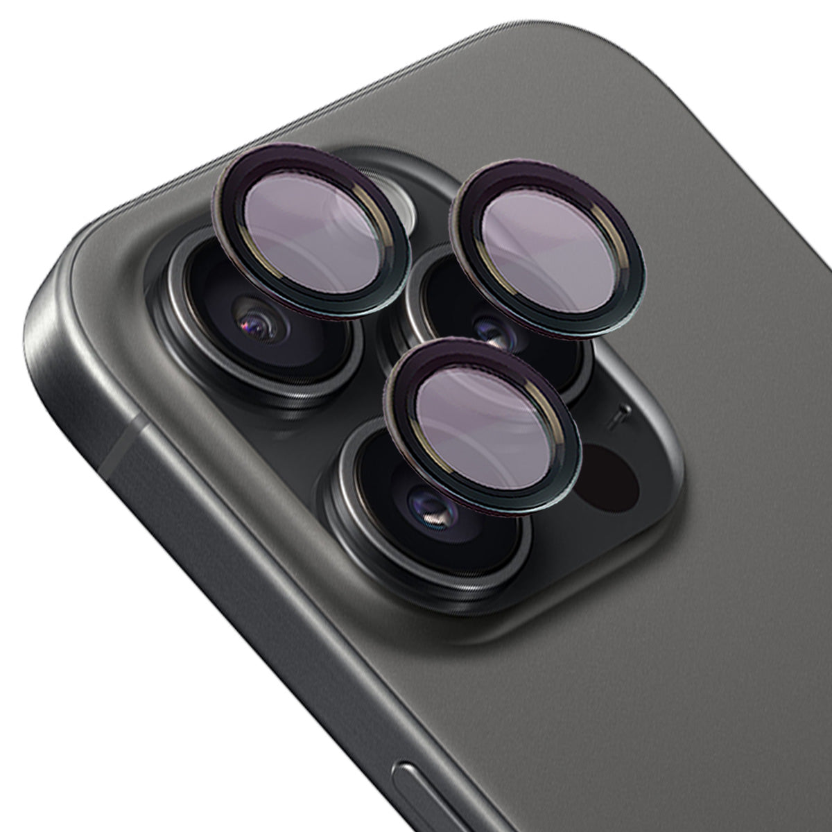 Gehärtetes Kameraschutzglas mit Applikator für iPhone 15 Pro Max, Bizon Glass Snap Lens, Schwarz, zeigt montierte Linsengläser.