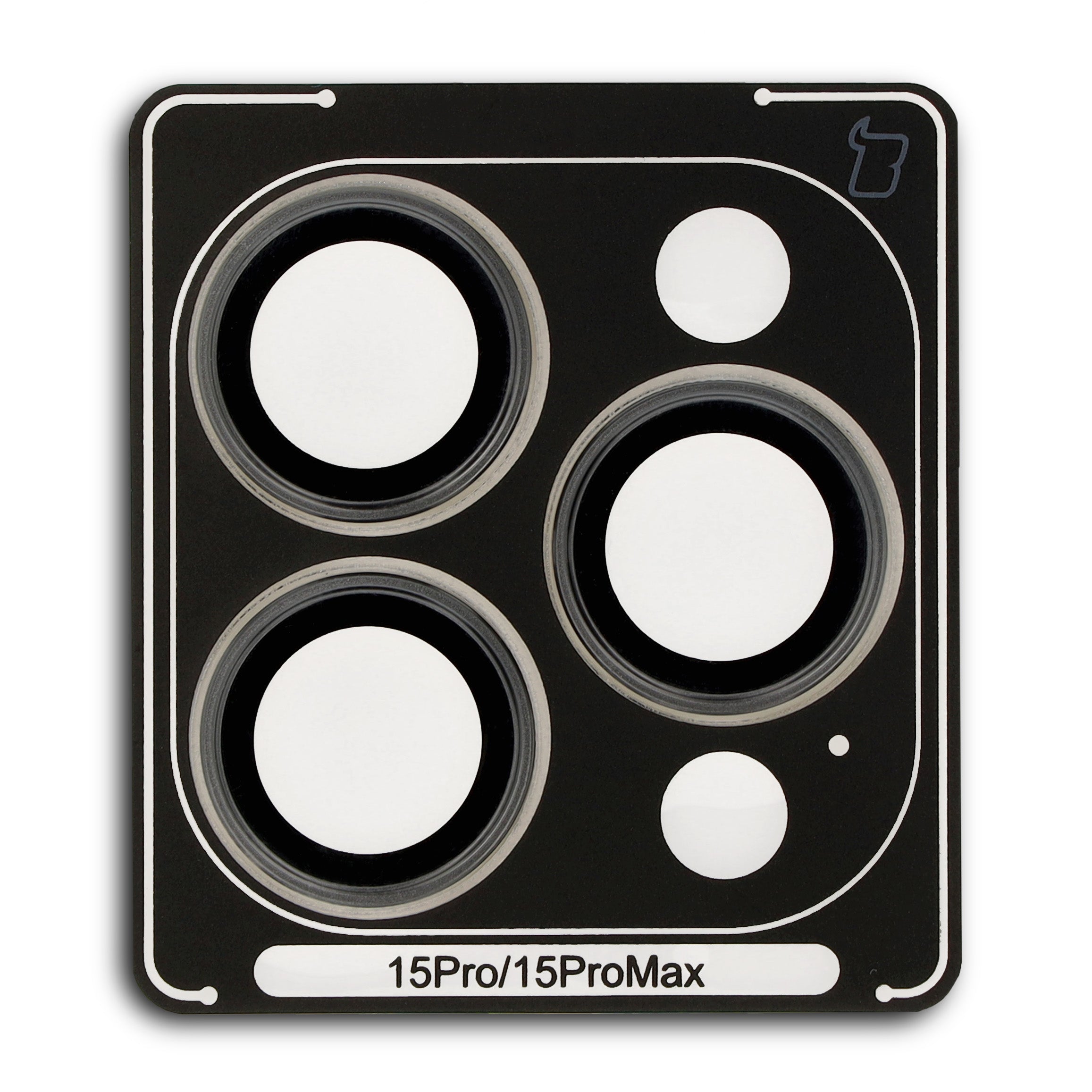 Schwarzes Schutzglas Bizon Glass Snap Lens für iPhone 15 Pro und 15 Pro Max, Kameraabdeckung mit Applikator.