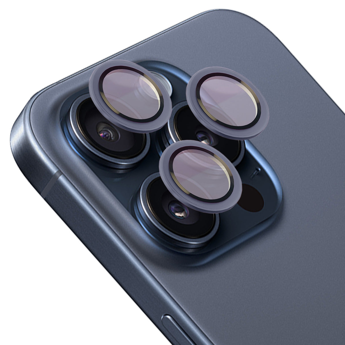 Glas für die Kamera mit Applikator für iPhone 15 Pro/15 Pro Max, Bizon Glass Snap Lens, 1 Set, Blauer Rahmen