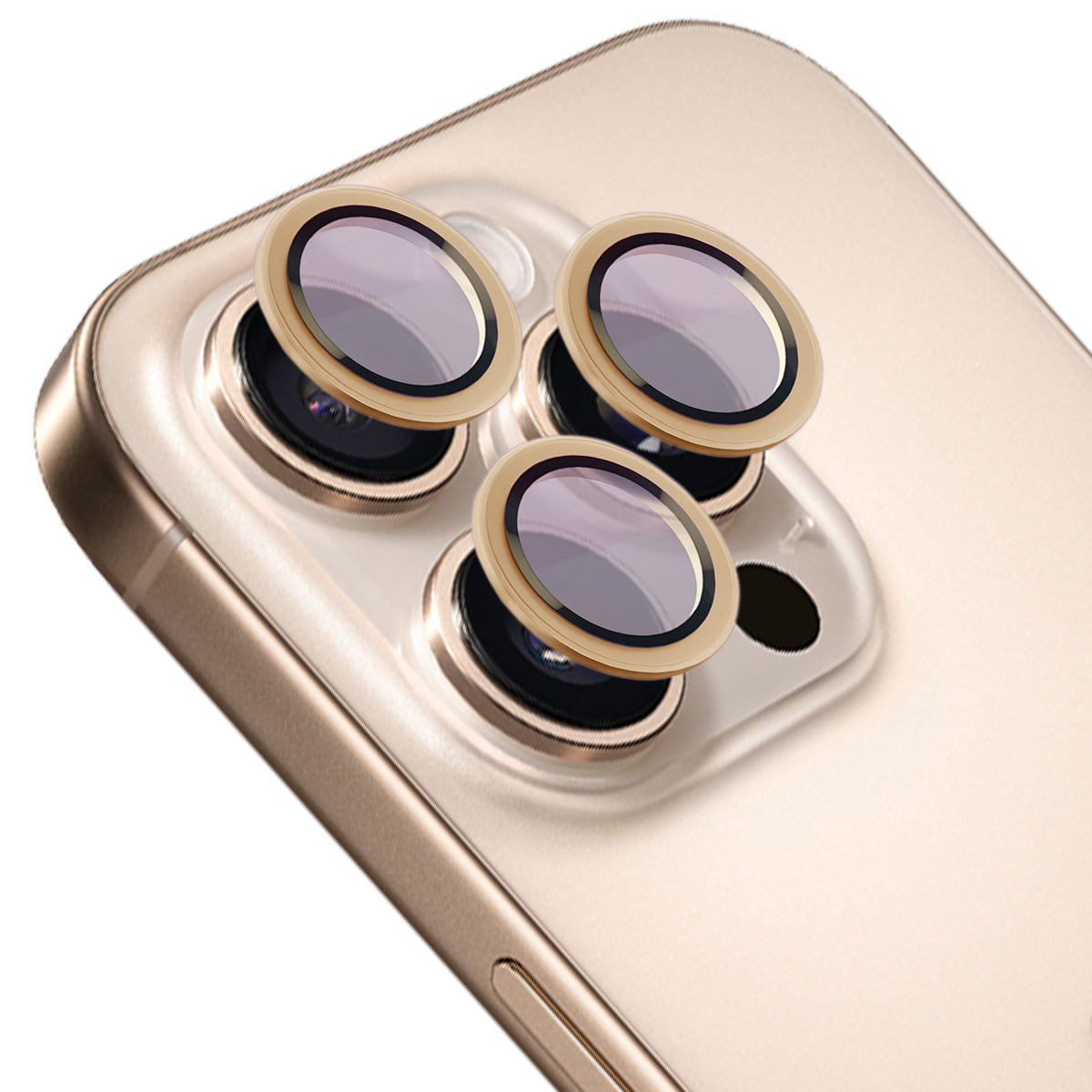 Gehärtetes Glas für die Kamera mit Applikator für iPhone 16 Pro/16 Pro Max, Bizon Glass Snap Lens, 1 Set, Beiger Rahmen