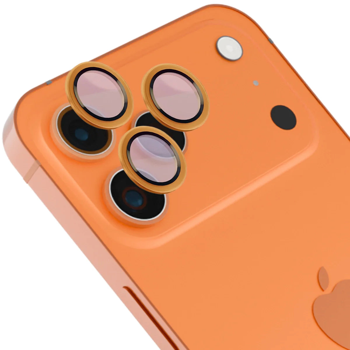 Glas für die Kamera mit Applikator für iPhone 17 Pro / 17 Pro Max, Bizon Glass Snap Lens, 1 Set, Orangefarbener Rahmen