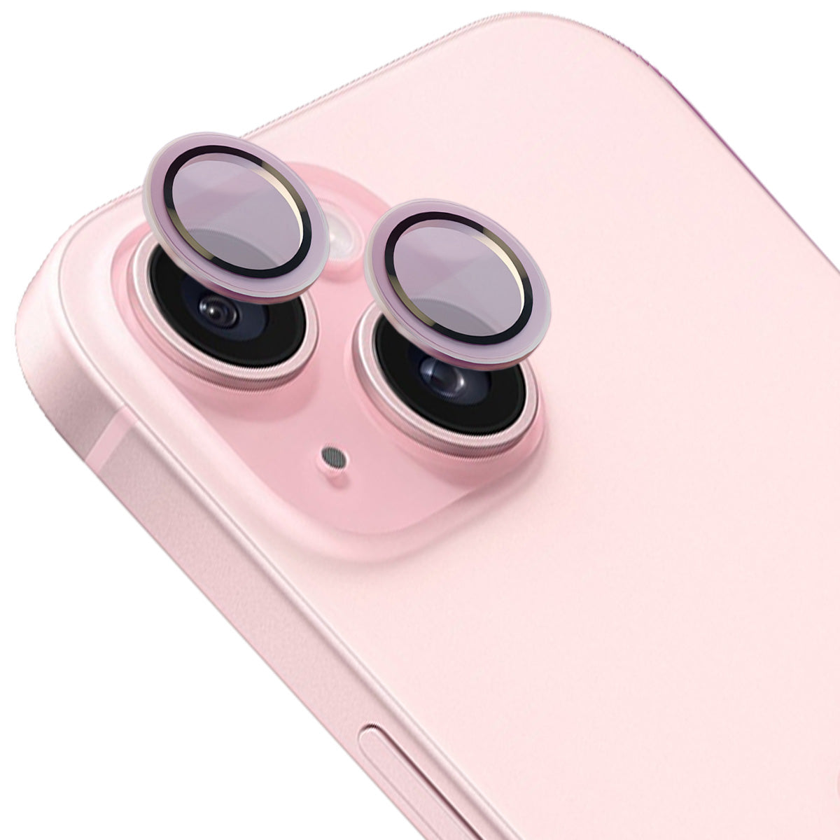 Glas für die Kamera mit Applikator für iPhone 15/15 Plus, Bizon Glass Snap Lens, 1 Set, Hellrosa Rahmen