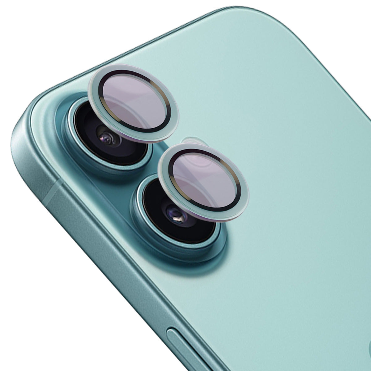 Glas für die Kamera mit Applikator für iPhone 16/16 Plus, Bizon Glass Snap Lens, 1 Set, Türkisfarbener Rahmen