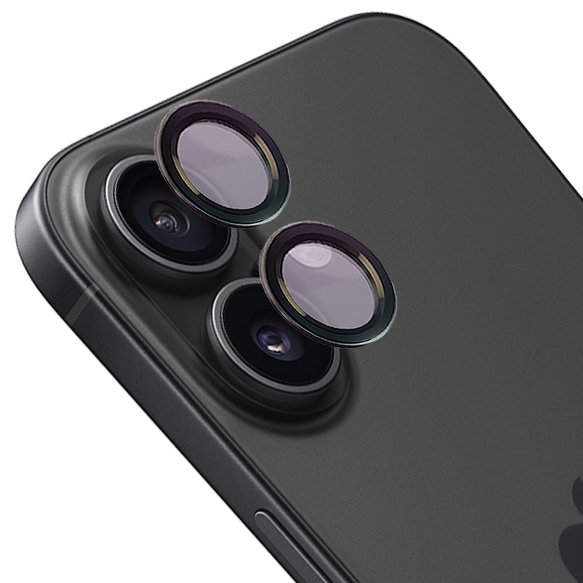 Gehärtetes Kamera-Schutzglas Bizon Glass Snap Lens für iPhone 16/16 Plus, Schwarz; zeigt Linsenschutz bei Installation.