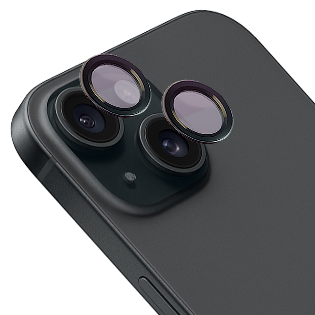 Kameraschutz aus gehärtetem Glas für iPhone 15/15 Plus, Bizon Glass Snap Lens, schwarz, mit Applikator auf Handy montiert.