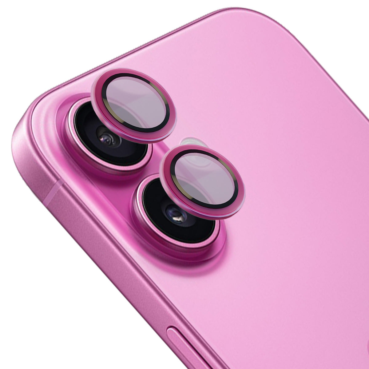 Glas für die Kamera mit Applikator für iPhone 16/16 Plus, Bizon Glass Snap Lens, 1 Set, Rosa Rahmen