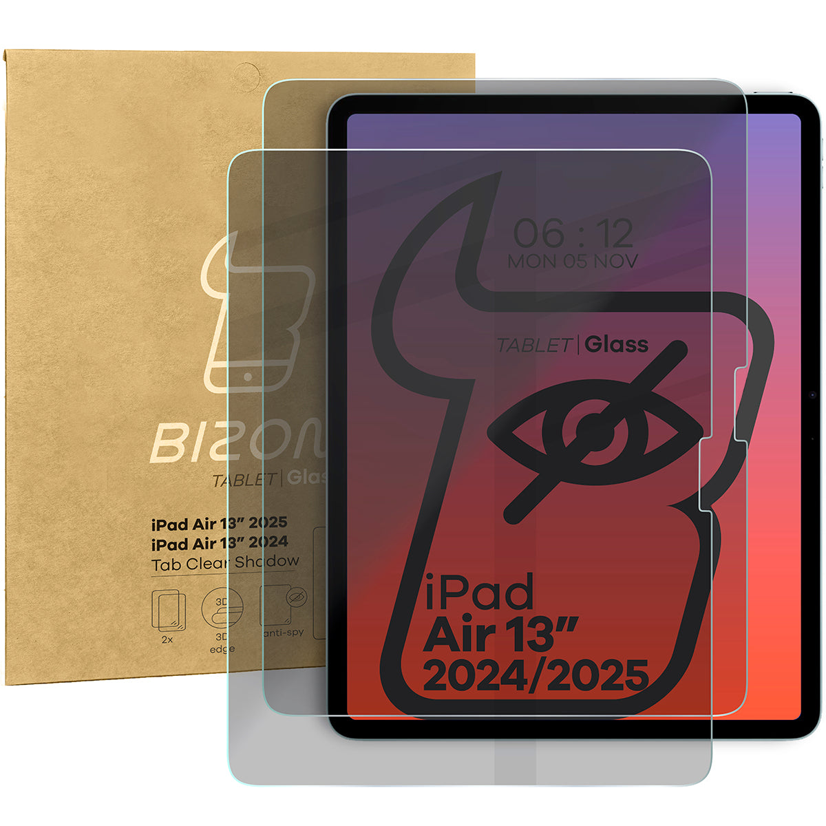 Gehärtetes Glas mit Privatschutzfilter für iPad Air 13" 2025 / 2024, Bizon Glass Tab Clear Shadow Duo, getönt