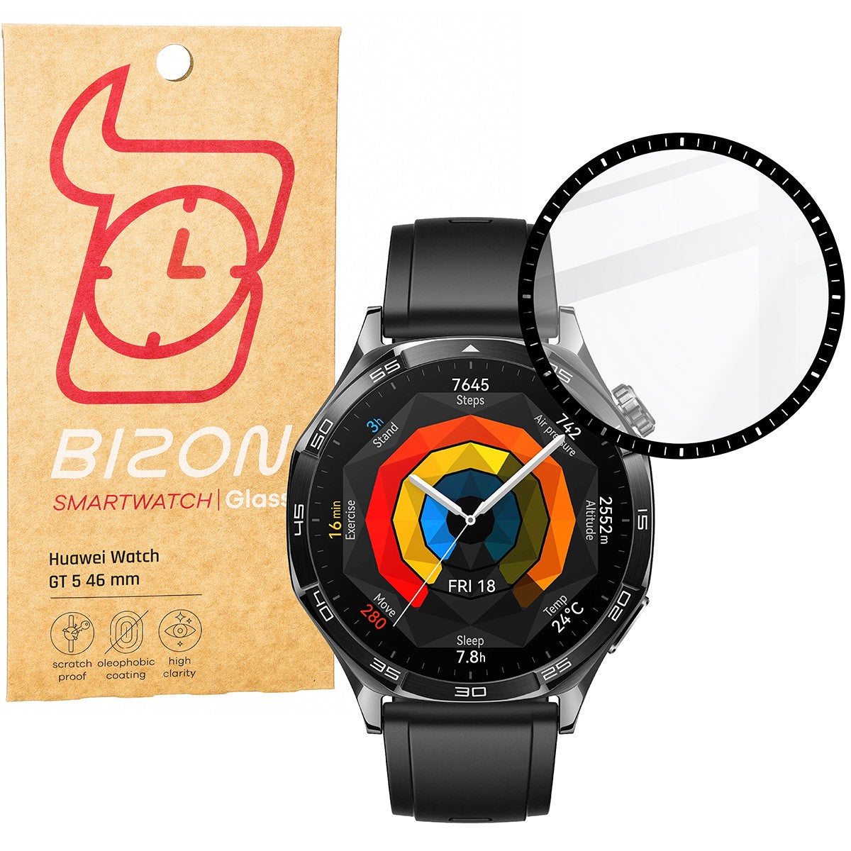 Hybrides Glas für Huawei Watch GT 5 46 mm, Bizon Glass Watch Edge Hybrid, Schwarz