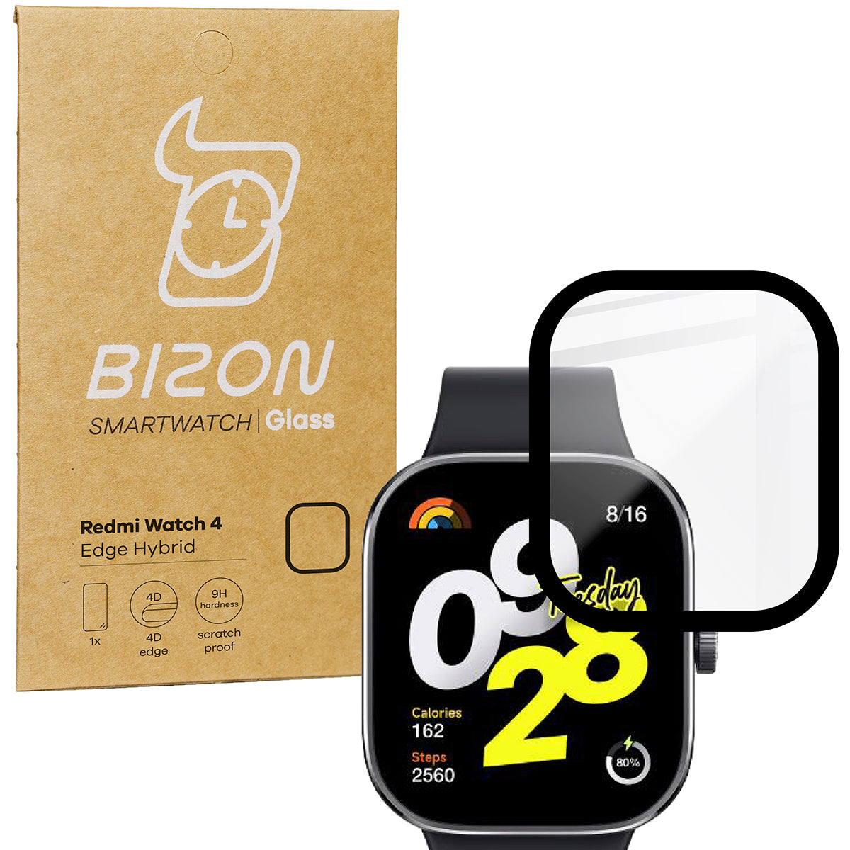 Hybrides Glas für Xiaomi Redmi Watch 4, Bizon Glass Watch Edge Hybrid, Schwarz