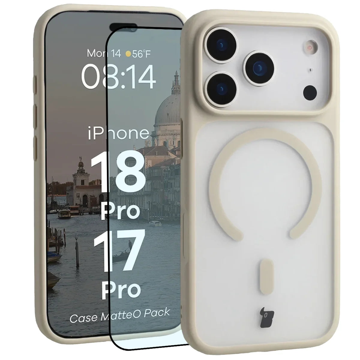 Schutzhülle mit Magnetring + gehärtetem Glas für iPhone 18 Pro / 17 Pro, Bizon MatteO Pack, Getönt-Beige (1/9)