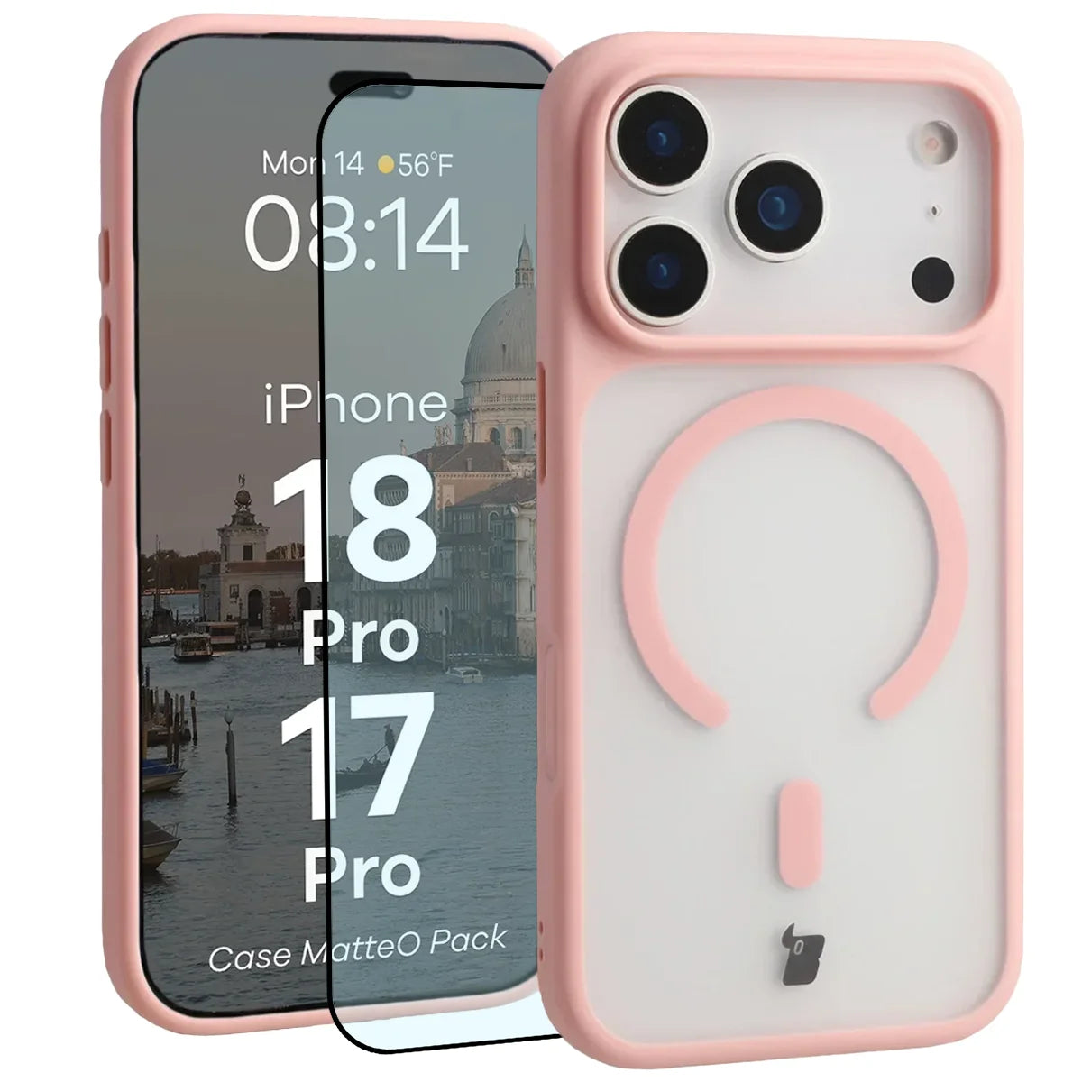Schutzhülle mit Magnetring + gehärtetem Glas für iPhone 18 Pro / 17 Pro, Bizon MatteO Pack, Getönt-Hellrosa (1/9)