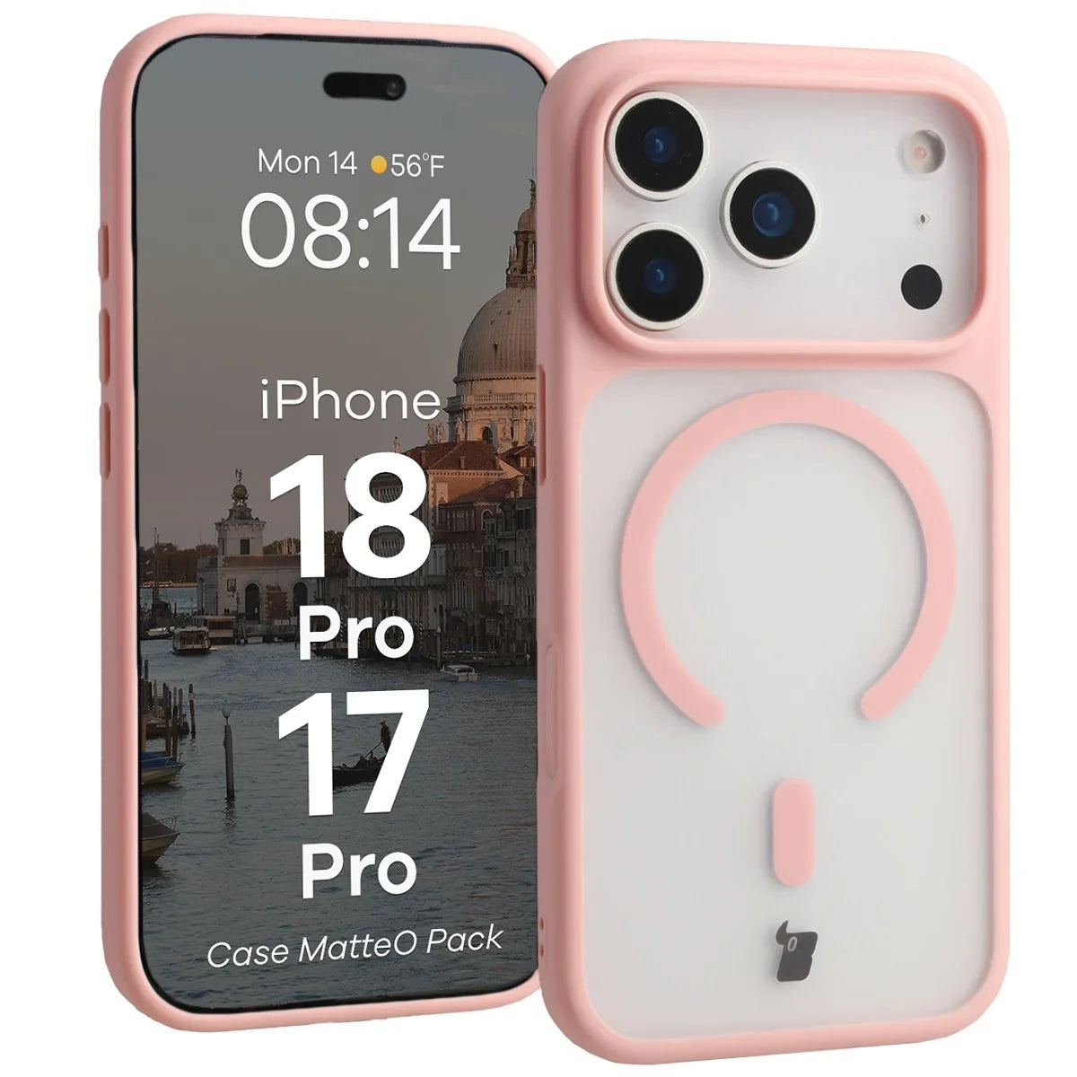 Schutzhülle mit Magnetring + gehärtetem Glas für iPhone 18 Pro / 17 Pro, Bizon MatteO Pack, Getönt-Hellrosa (3/9)