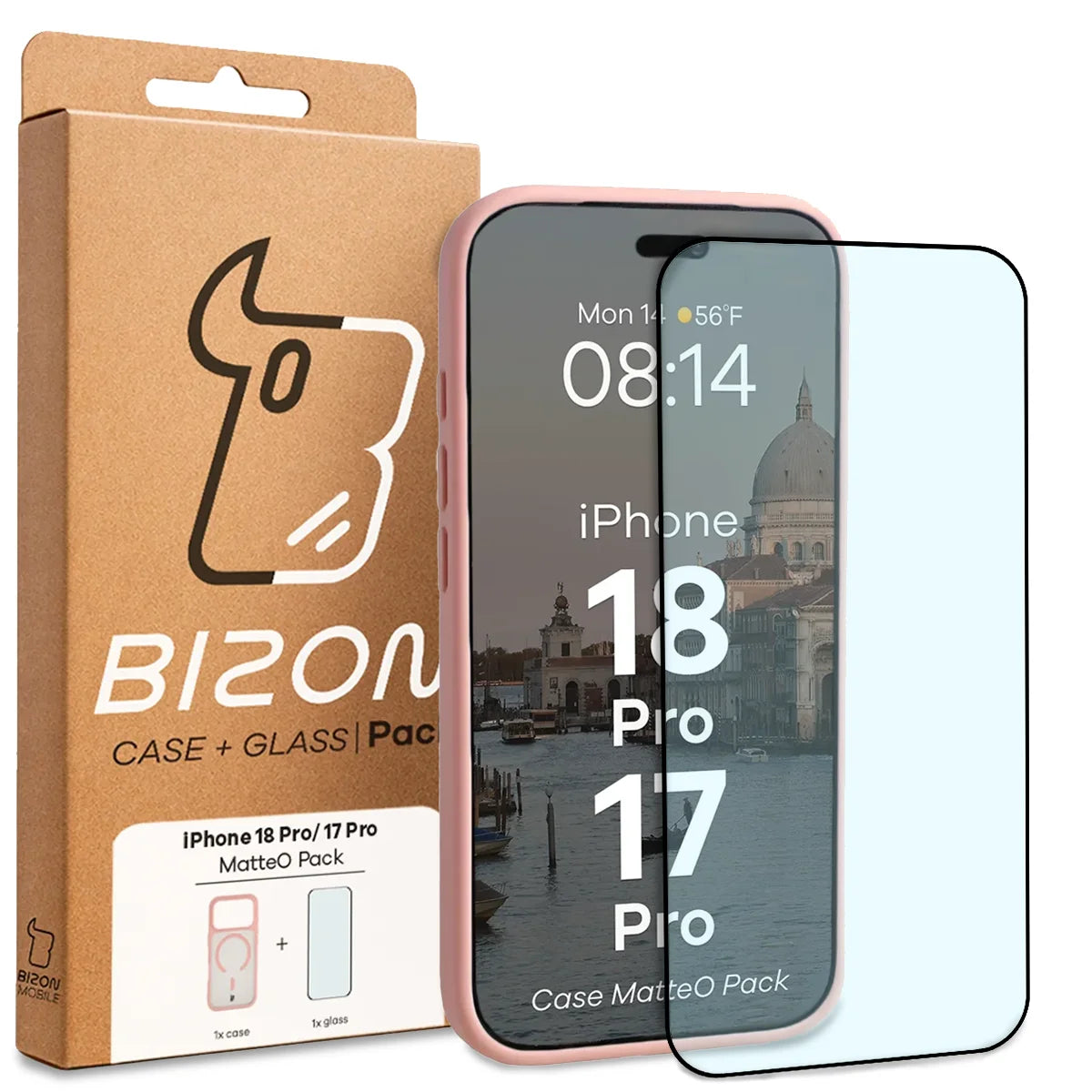 Schutzhülle mit Magnetring + gehärtetem Glas für iPhone 18 Pro / 17 Pro, Bizon MatteO Pack, Getönt-Hellrosa (9/9)