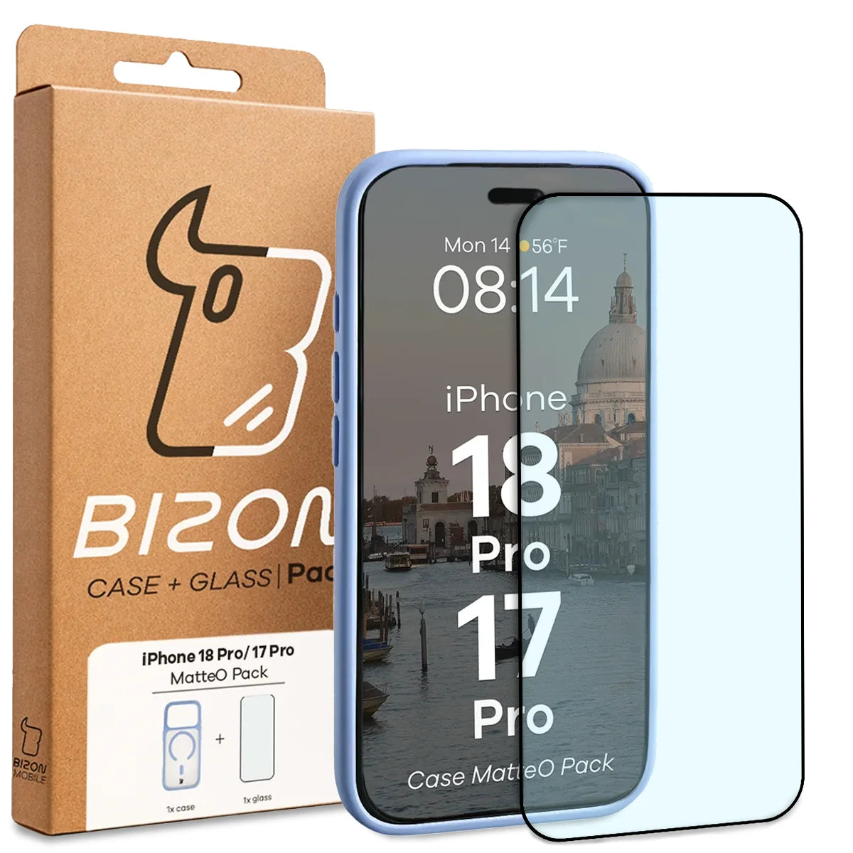 Schutzhülle mit Magnetring + gehärtetem Glas für iPhone 18 Pro / 17 Pro, Bizon MatteO Pack, Semitransparent mit hellblauem Rahmen (9/9)