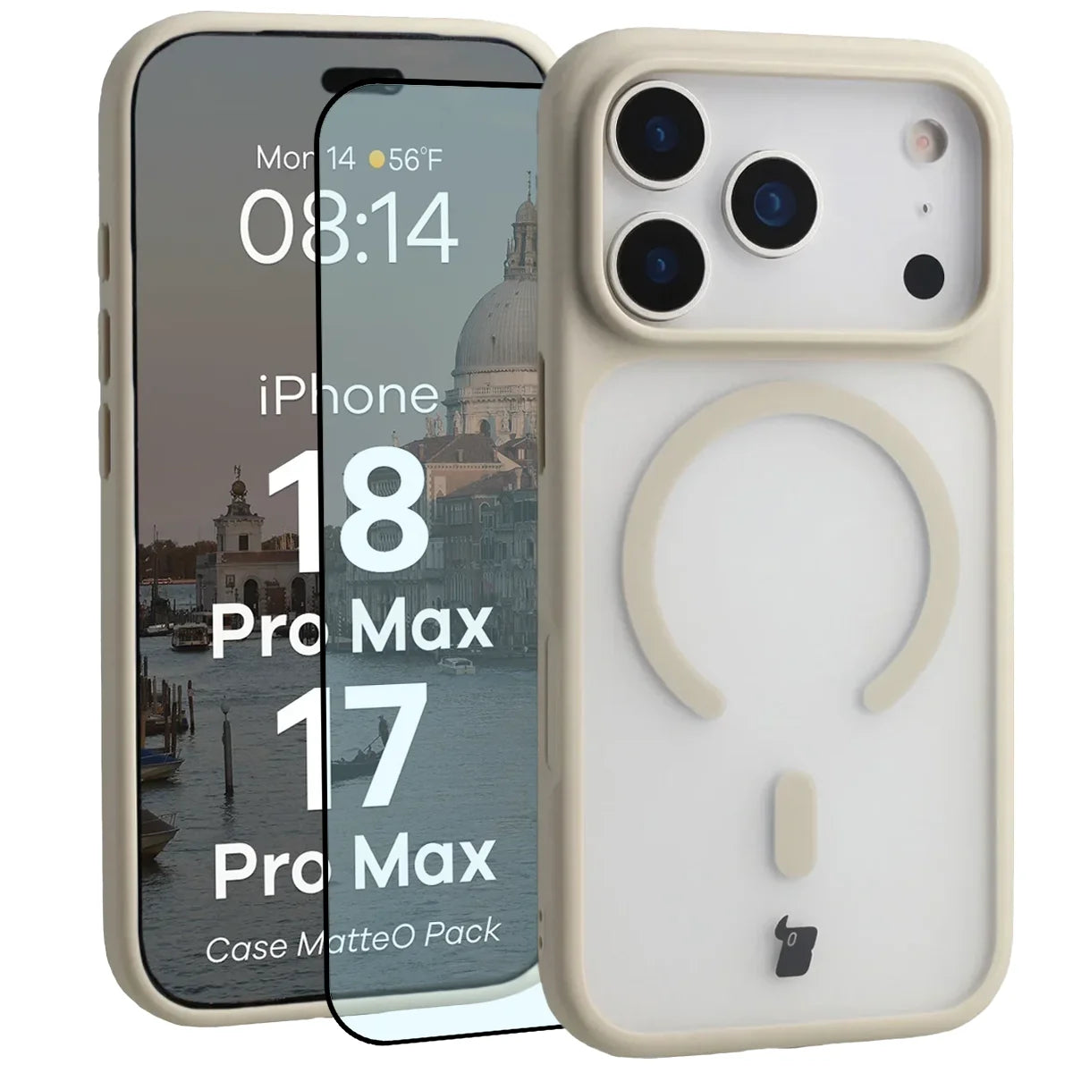 Schutzhülle mit Magnetring + gehärtetem Glas für iPhone 18 Pro Max / 17 Pro Max, Bizon MatteO Pack, Getönt-Beige (1/9)