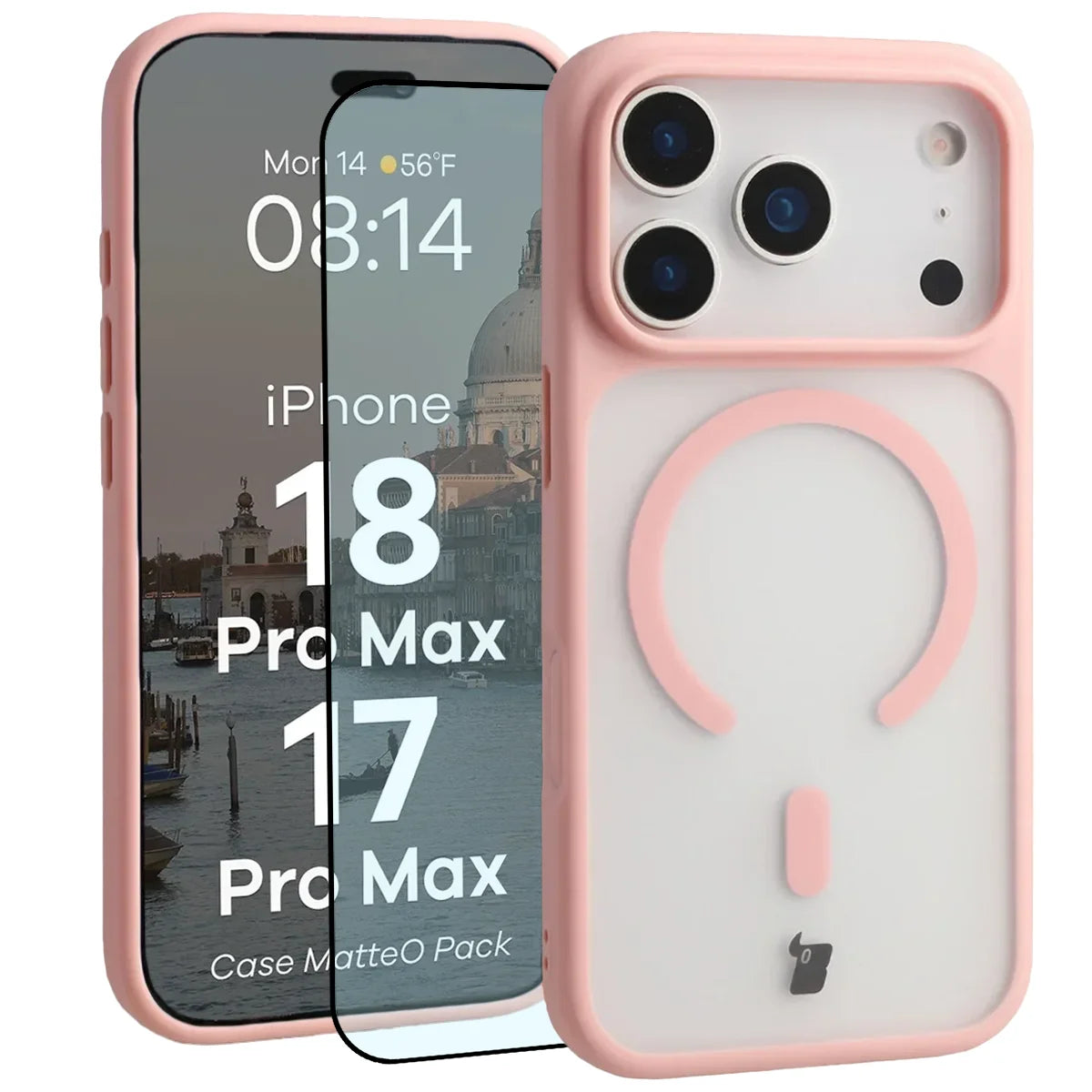 Schutzhülle mit Magnetring + gehärtetem Glas für iPhone 18 Pro Max / 17 Pro Max, Bizon MatteO Pack, Getönt-Hellrosa (1/9)