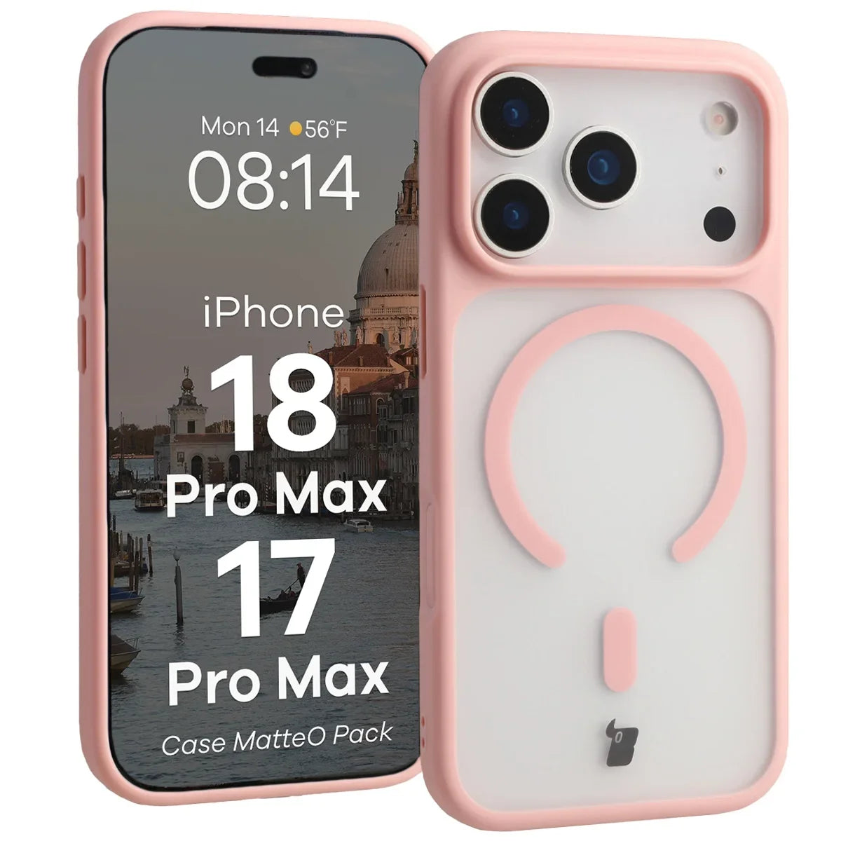 Schutzhülle mit Magnetring + gehärtetem Glas für iPhone 18 Pro Max / 17 Pro Max, Bizon MatteO Pack, Getönt-Hellrosa (3/9)