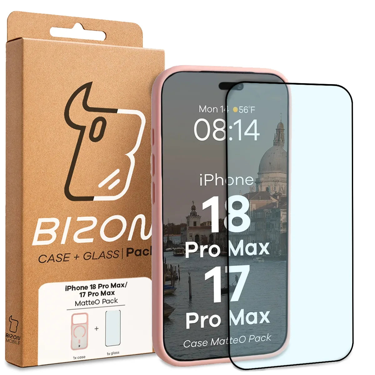 Schutzhülle mit Magnetring + gehärtetem Glas für iPhone 18 Pro Max / 17 Pro Max, Bizon MatteO Pack, Getönt-Hellrosa (9/9)