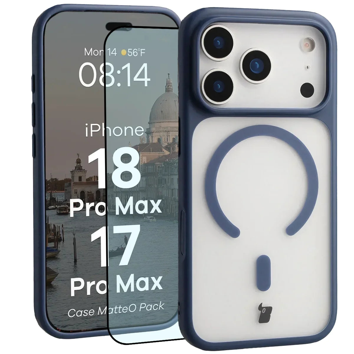 Schutzhülle mit Magnetring + gehärtetem Glas für iPhone 18 Pro Max / 17 Pro Max, Bizon MatteO Pack, Getönt-Dunkelblau (1/9)