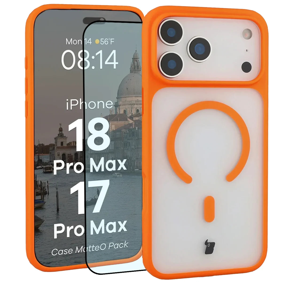 Schutzhülle mit Magnetring + gehärtetem Glas für iPhone 18 Pro Max / 17 Pro Max, Bizon MatteO Pack, Getönt-Orange (1/9)