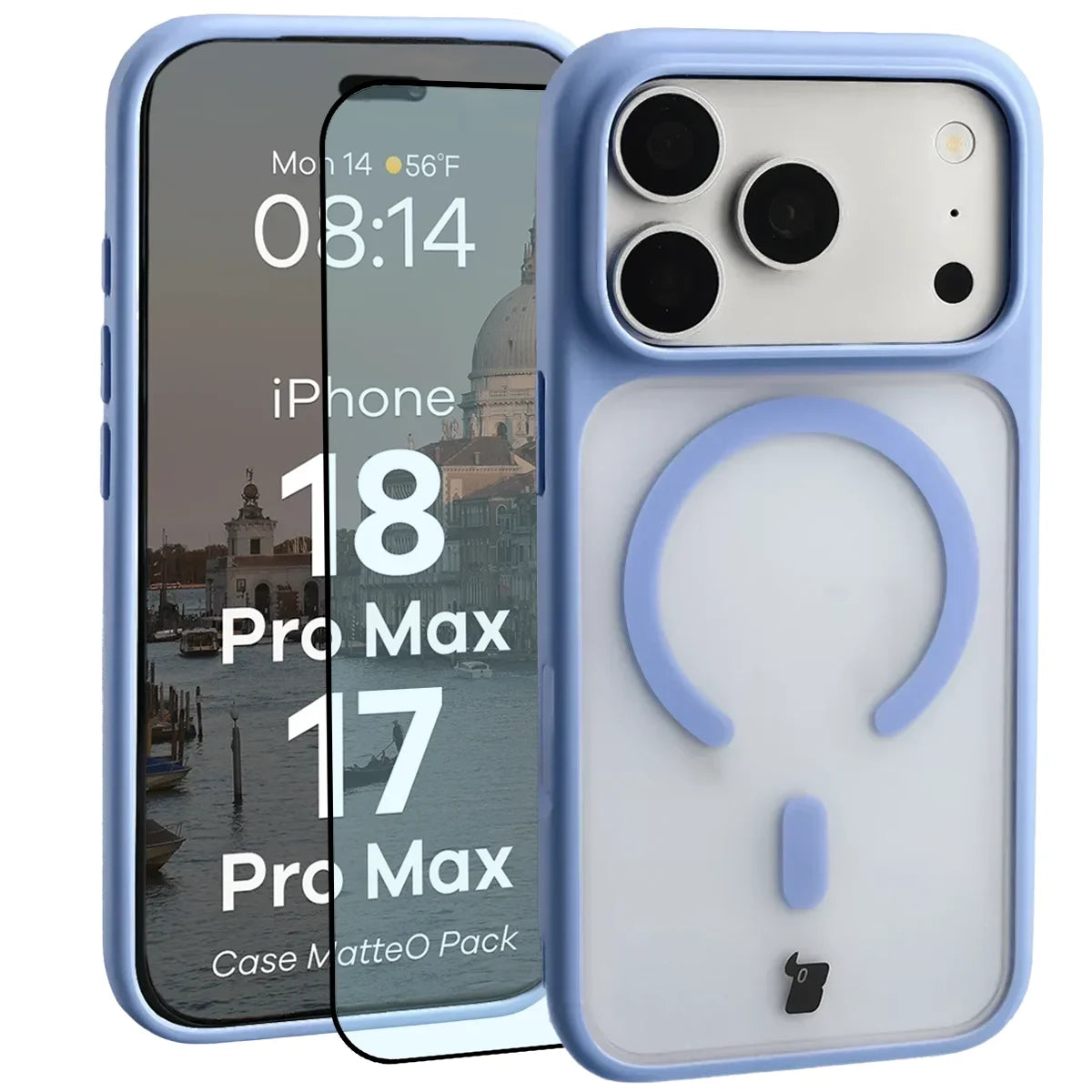 Schutzhülle mit Magnetring + gehärtetem Glas für iPhone 18 Pro Max / 17 Pro Max, Bizon MatteO Pack, Semitransparent mit hellblauem Rahmen (1/9)
