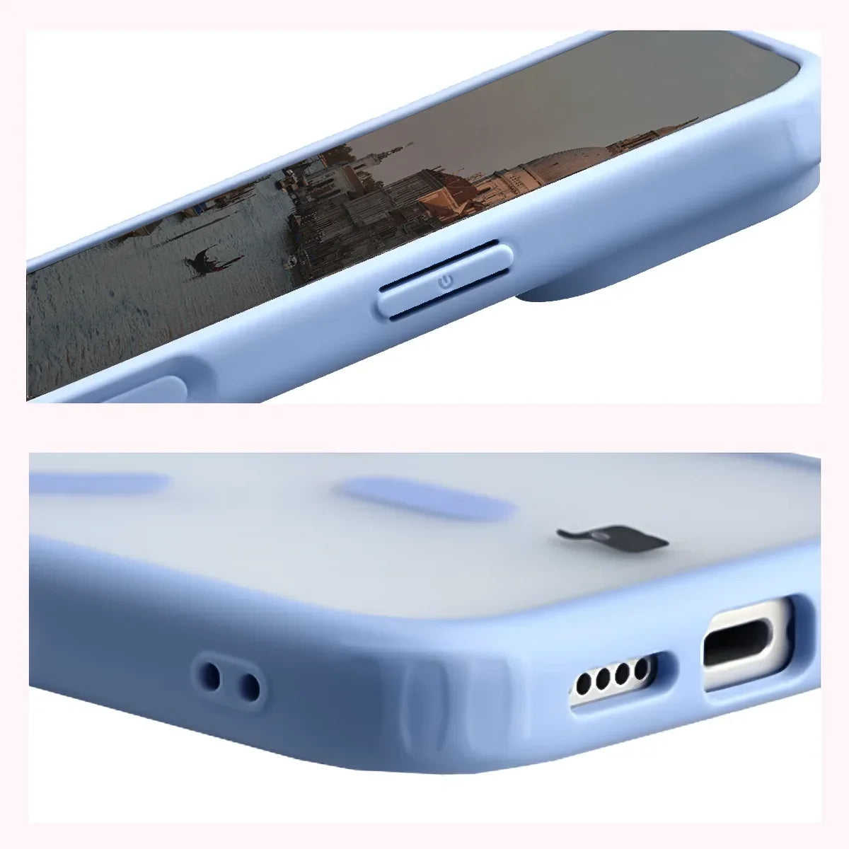 Schutzhülle mit Magnetring + gehärtetem Glas für iPhone 18 Pro Max / 17 Pro Max, Bizon MatteO Pack, Semitransparent mit hellblauem Rahmen (6/9)