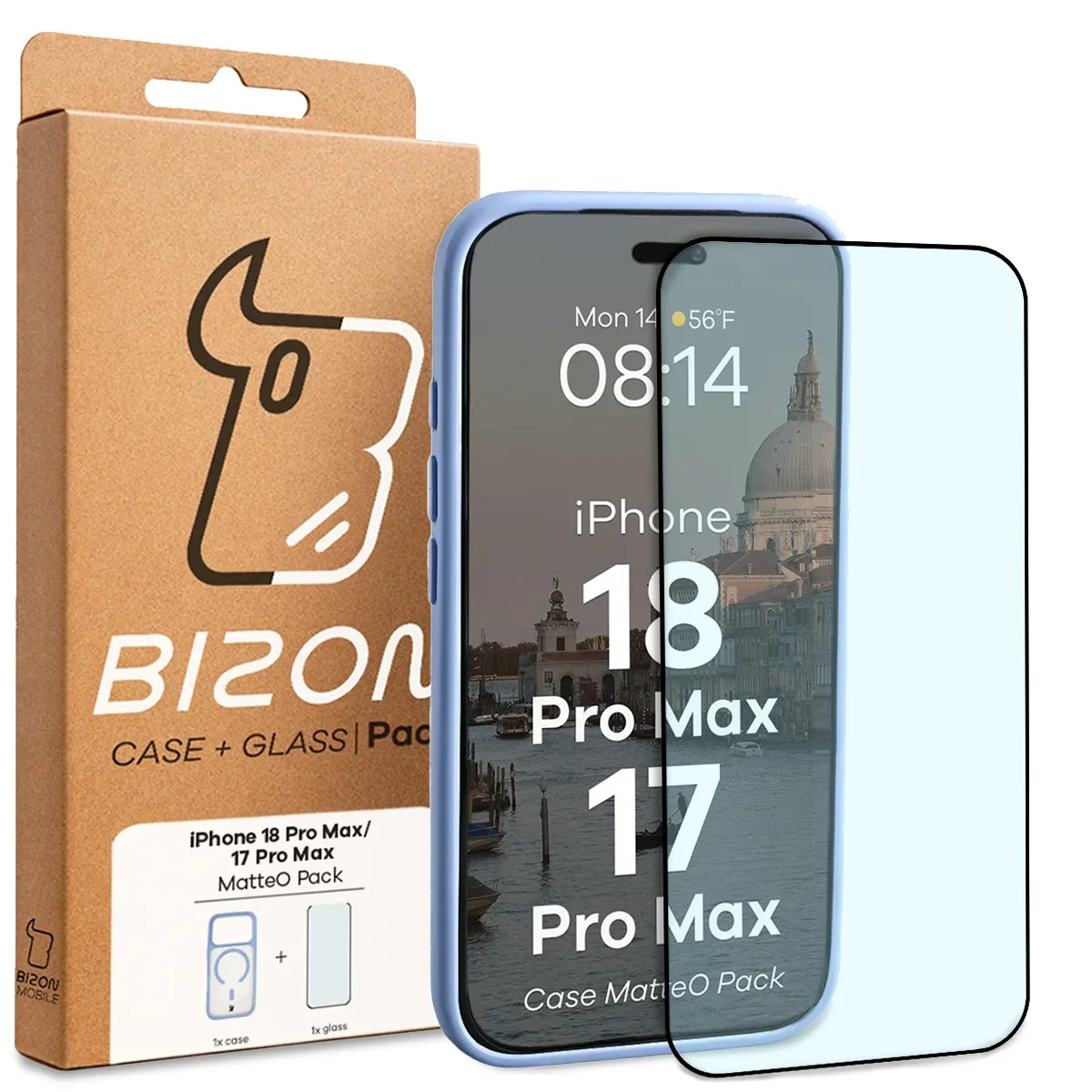 Schutzhülle mit Magnetring + gehärtetem Glas für iPhone 18 Pro Max / 17 Pro Max, Bizon MatteO Pack, Semitransparent mit hellblauem Rahmen (9/9)