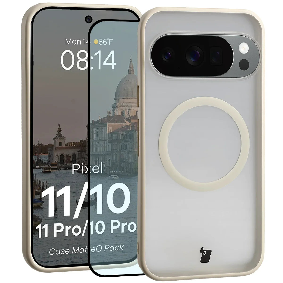 Schutzhülle mit Magnetring + gehärtetem Glas für Google Pixel 11 / 11 Pro / 10 / 10 Pro, Bizon MatteO Pack, Getönt-Beige (1/9)
