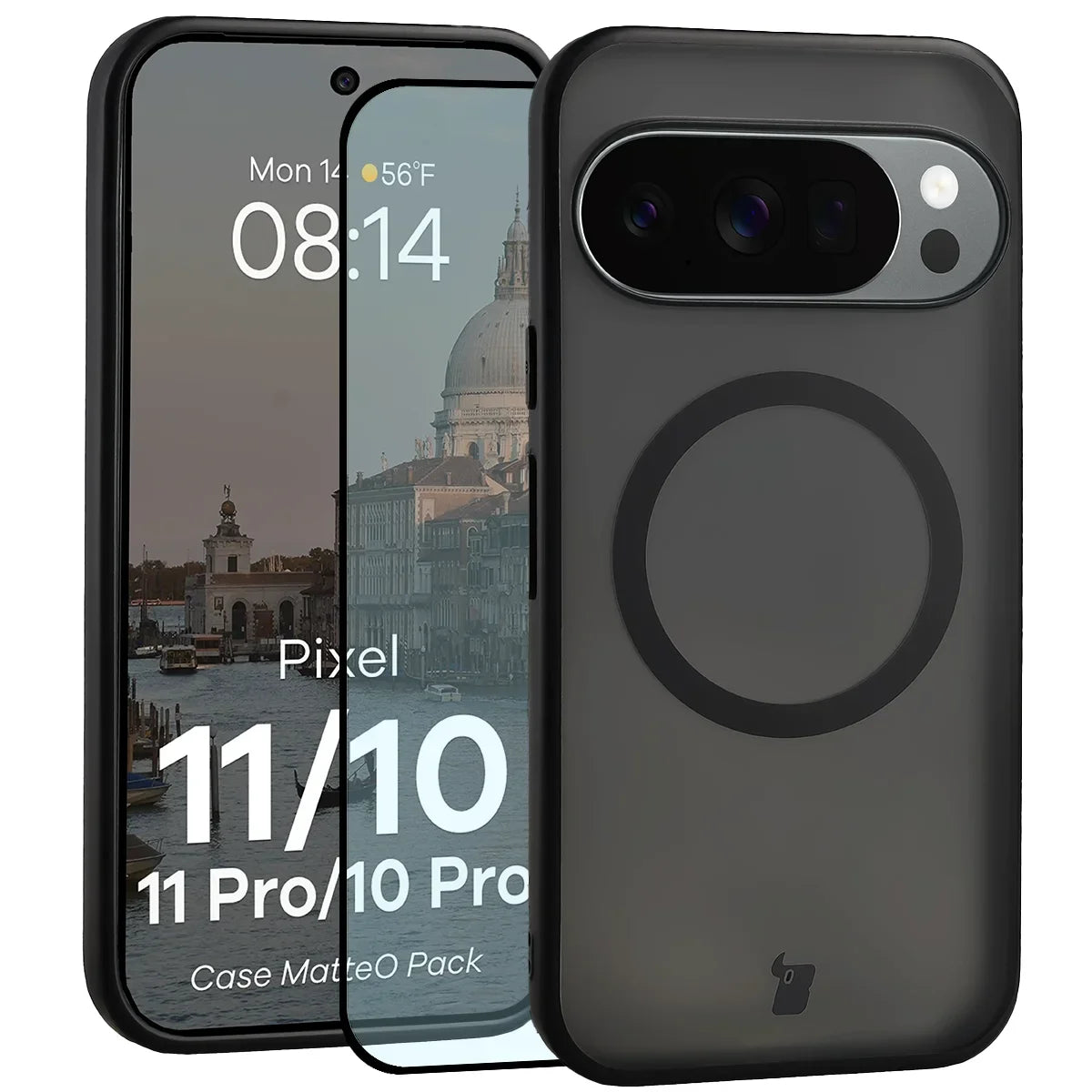 Schutzhülle mit Magnetring + gehärtetem Glas für Google Pixel 11 / 11 Pro / 10 / 10 Pro, Bizon MatteO Pack, Getönt-Schwarz (1/9)