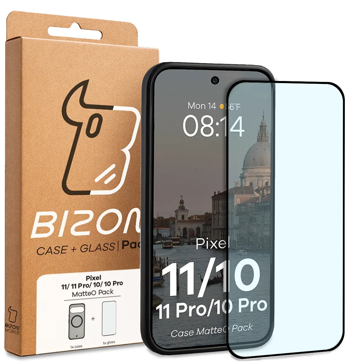 Schutzhülle mit Magnetring + gehärtetem Glas für Google Pixel 11 / 11 Pro / 10 / 10 Pro, Bizon MatteO Pack, Getönt-Schwarz (9/9)