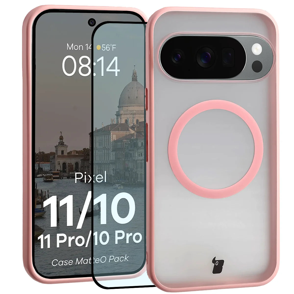 Schutzhülle mit Magnetring + gehärtetem Glas für Google Pixel 11 / 11 Pro / 10 / 10 Pro, Bizon MatteO Pack, Getönt-Hellrosa (1/9)