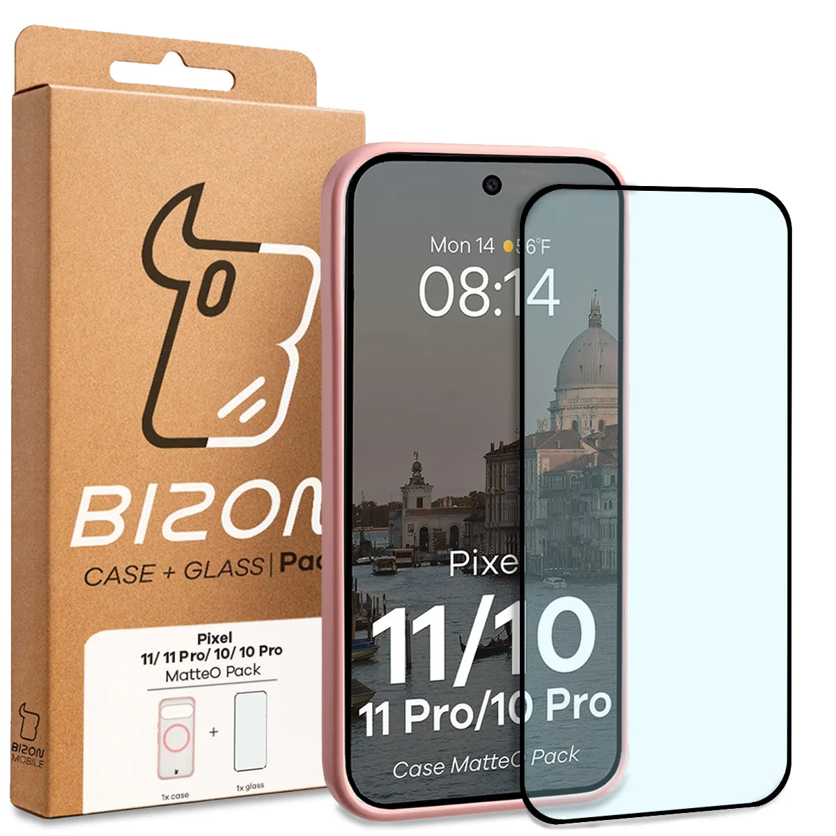 Schutzhülle mit Magnetring + gehärtetem Glas für Google Pixel 11 / 11 Pro / 10 / 10 Pro, Bizon MatteO Pack, Getönt-Hellrosa (9/9)
