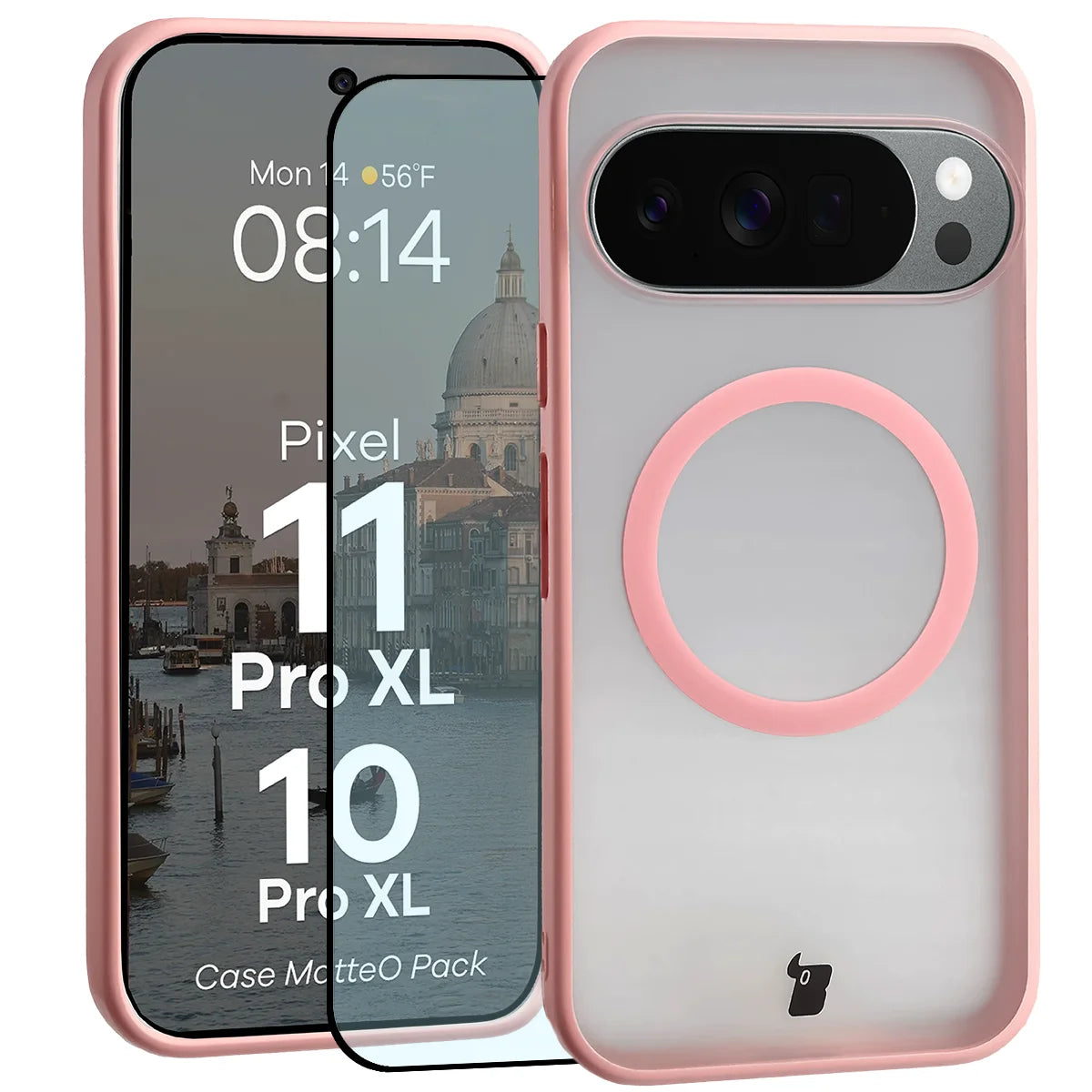 Schutzhülle mit Magnetring + gehärtetem Glas für Google Pixel 11 Pro XL / 10 Pro XL, Bizon MatteO Pack, Getönt-Hellrosa (1/9)