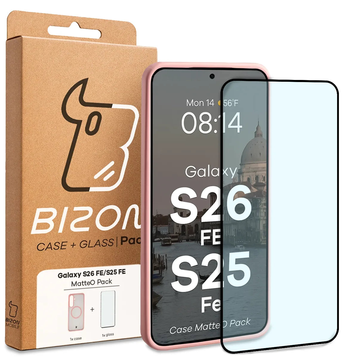 Schutzhülle mit Magnetring + gehärtetem Glas für Galaxy S26 FE / S25 FE, Bizon MatteO Pack, Getönt-Hellrosa (9/9)