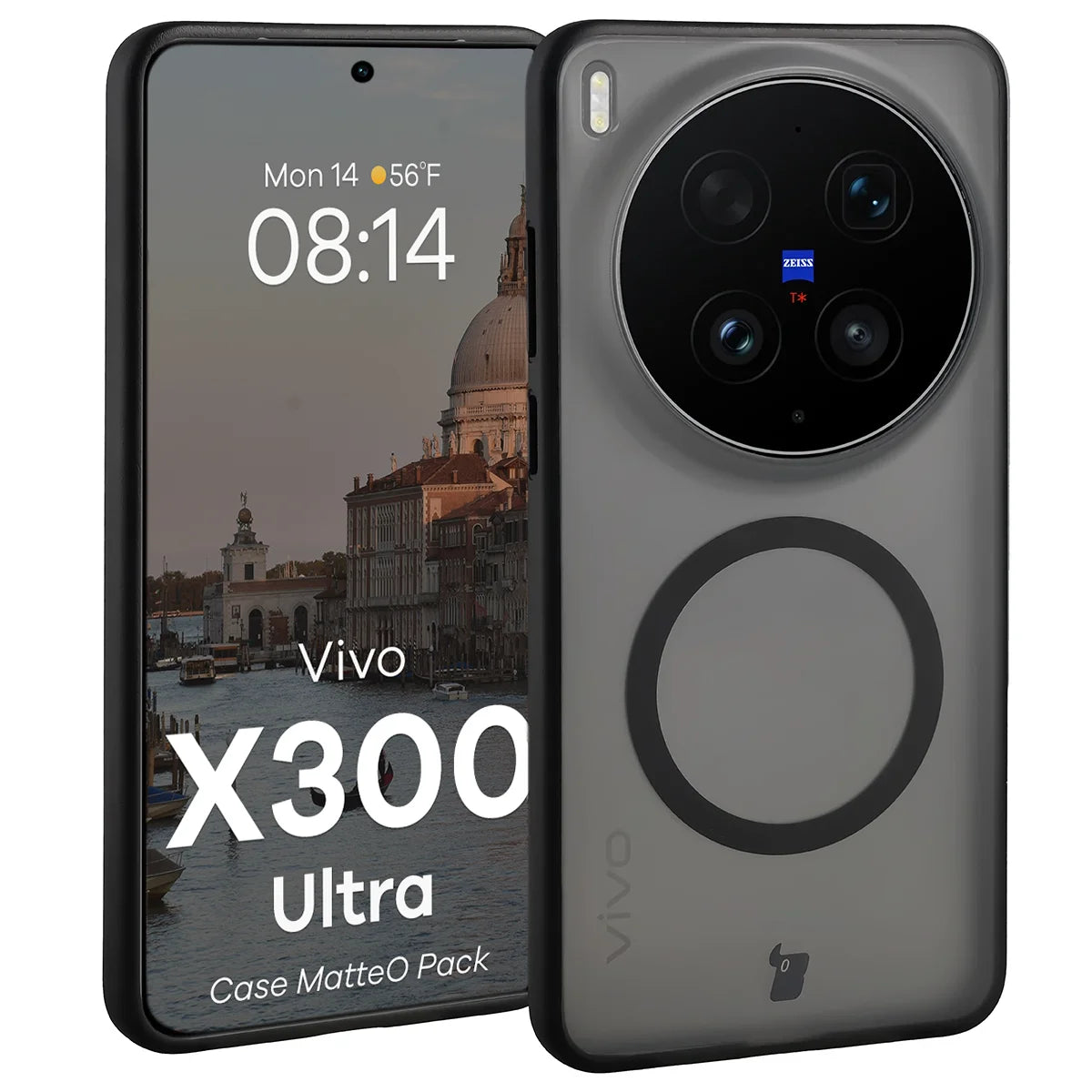 Schutzhülle mit Magnetring + gehärtetem Glas für Vivo X300 Ultra, Bizon MatteO Pack, Getönt-Schwarz