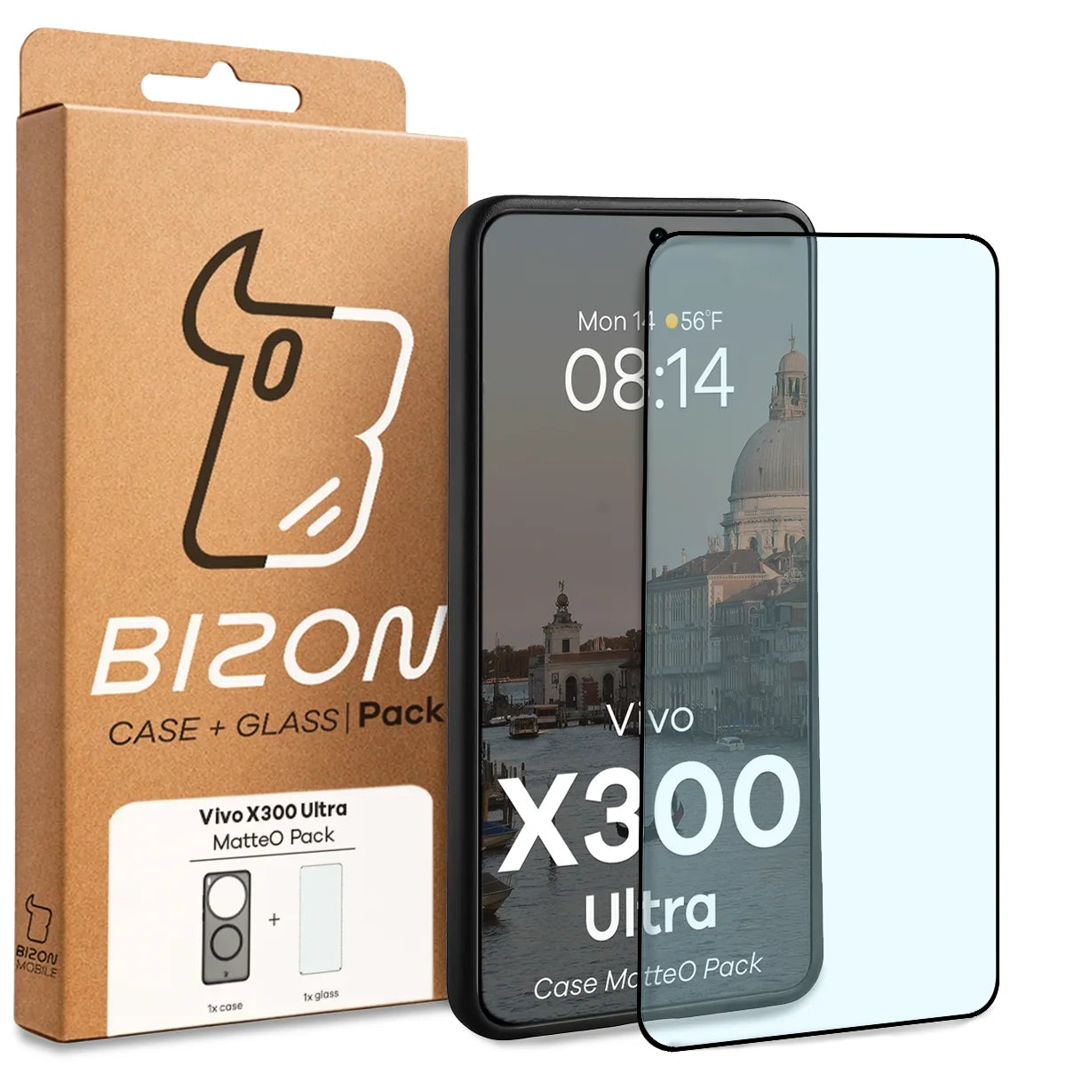 Schutzhülle mit Magnetring + gehärtetem Glas für Vivo X300 Ultra, Bizon MatteO Pack, Getönt-Schwarz