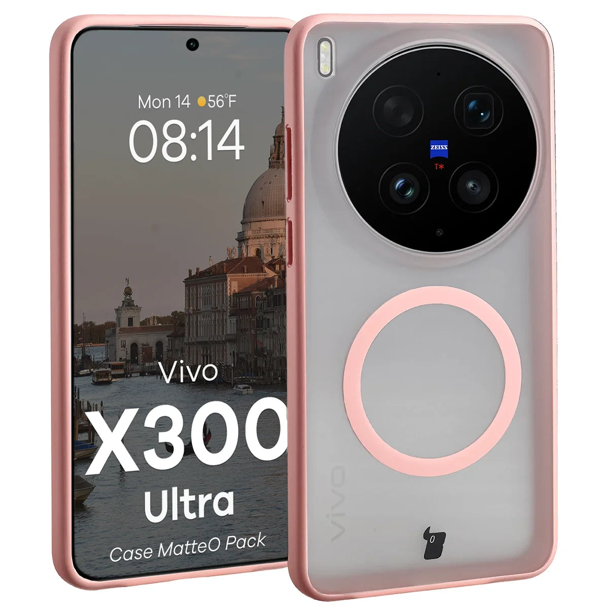 Schutzhülle mit Magnetring + gehärtetem Glas für Vivo X300 Ultra, Bizon MatteO Pack, Getönt-Hellrosa