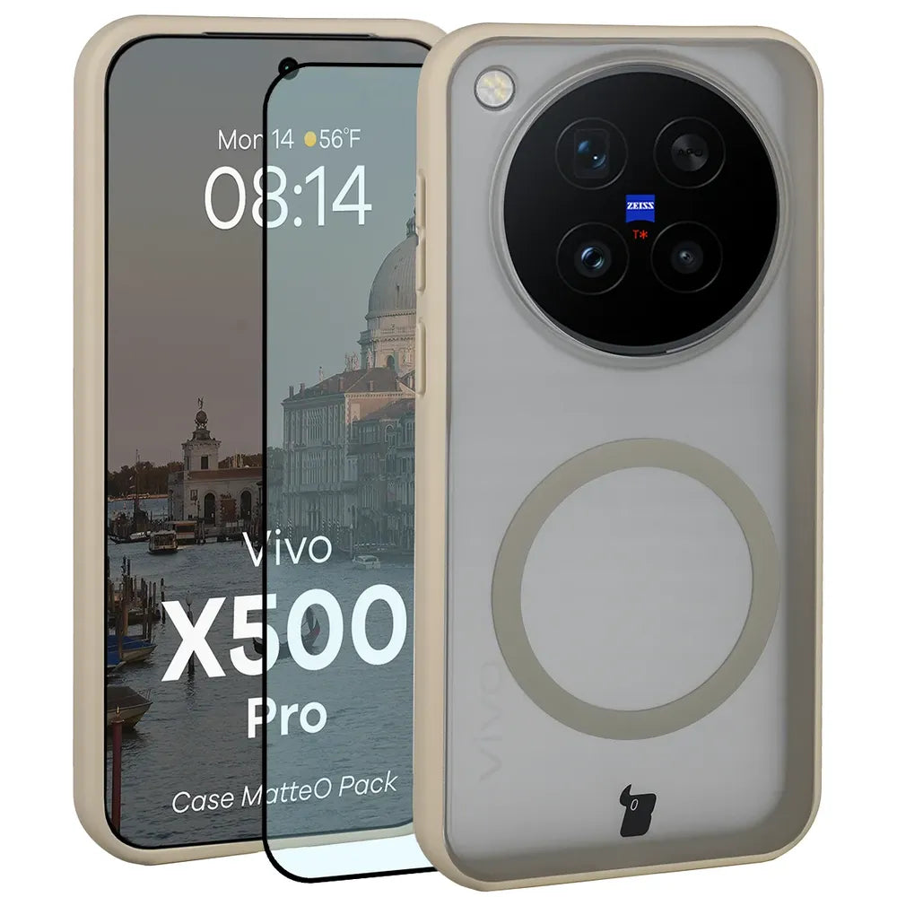 Handyhülle mit Magnetring + gehärtetem Glas für Vivo X500 Pro, Bizon MatteO Pack, Beige-Matt (1/9)