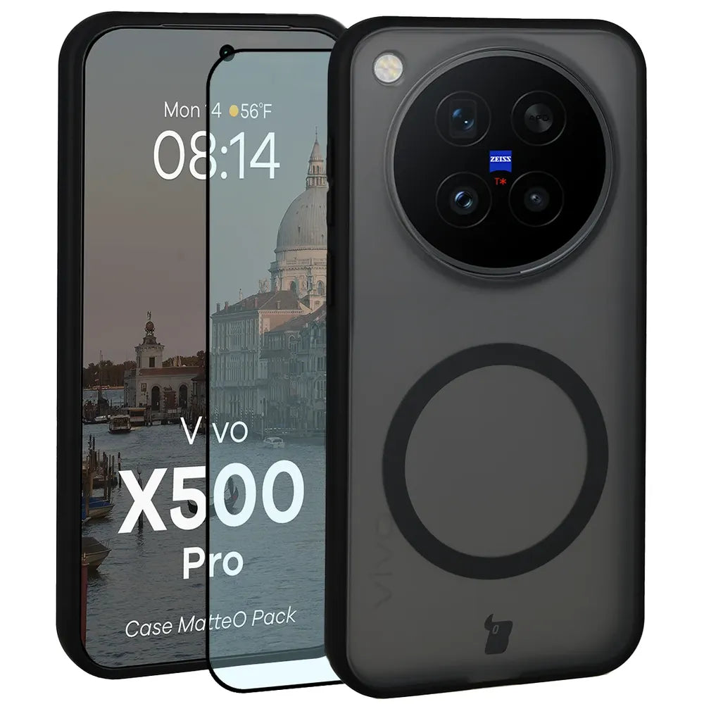 Handyhülle mit Magnetring + gehärtetem Glas für Vivo X500 Pro, Bizon MatteO Pack, Schwarz-Matt (1/9)