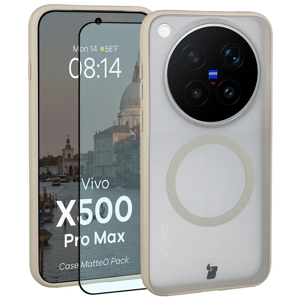 Handyhülle mit Magnetring + gehärtetem Glas für Vivo X500 Pro Max, Bizon MatteO Pack, Beige-Matt (1/9)