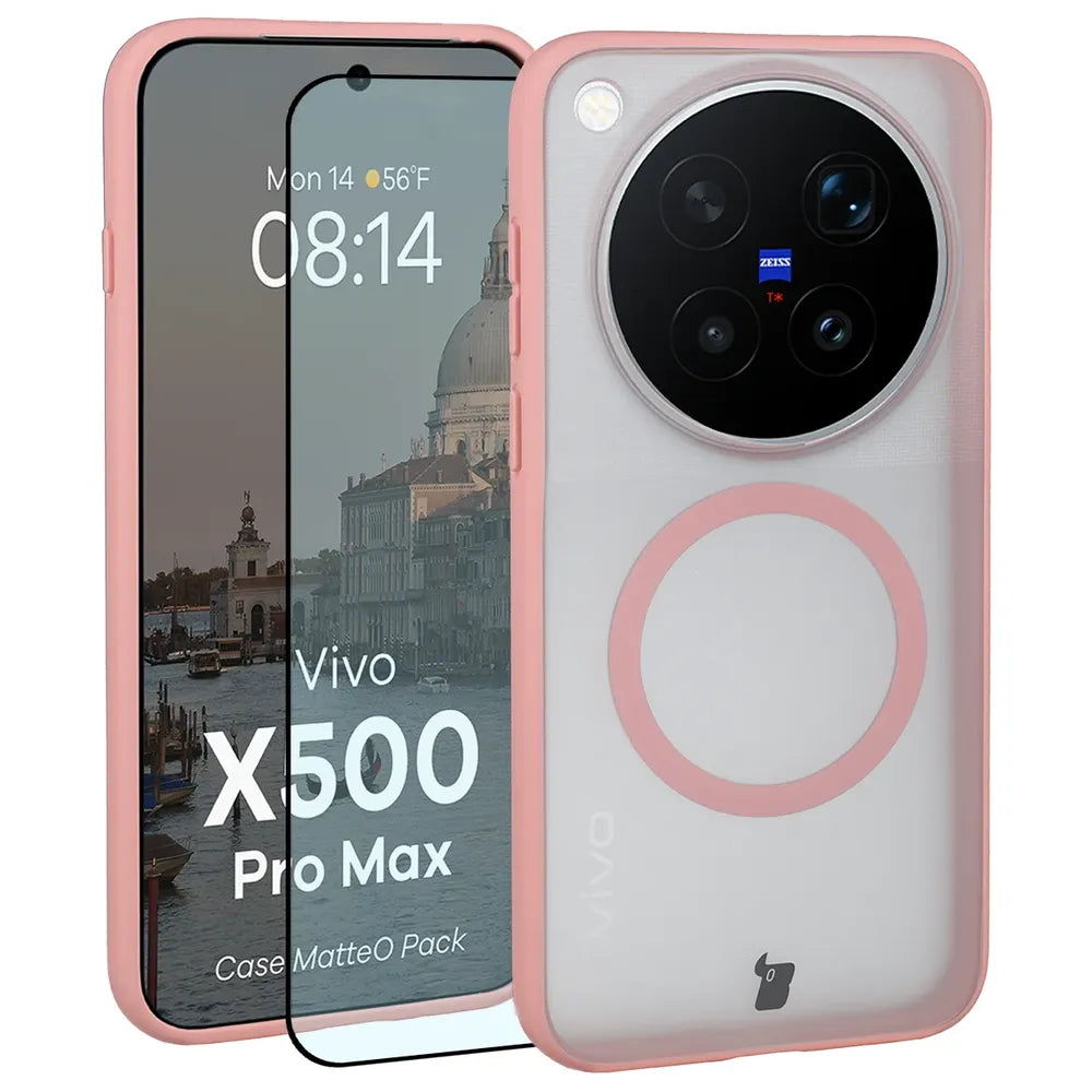 Handyhülle mit Magnetring + gehärtetem Glas für Vivo X500 Pro Max, Bizon MatteO Pack, Hellrosa-Matt (1/9)
