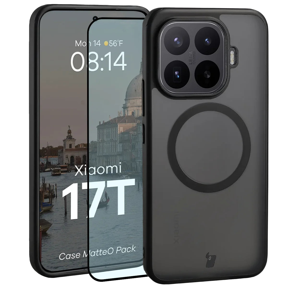 Schutzhülle mit Magnetring + gehärtetem Glas für Xiaomi 17T, Bizon MatteO Pack, Getönt-Schwarz
