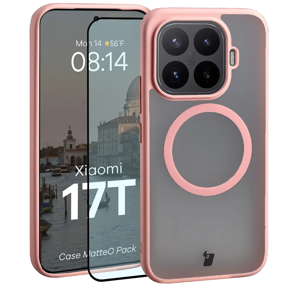 Schutzhülle mit Magnetring + gehärtetem Glas für Xiaomi 17T, Bizon MatteO Pack, Getönt-Hellrosa