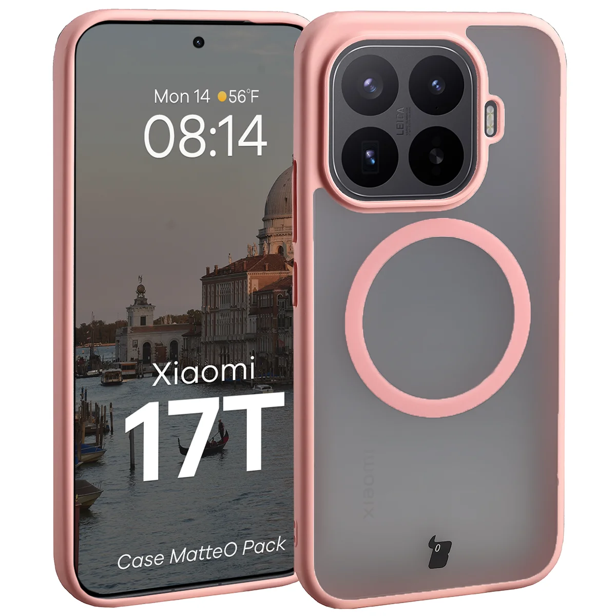 Schutzhülle mit Magnetring + gehärtetem Glas für Xiaomi 17T, Bizon MatteO Pack, Getönt-Hellrosa