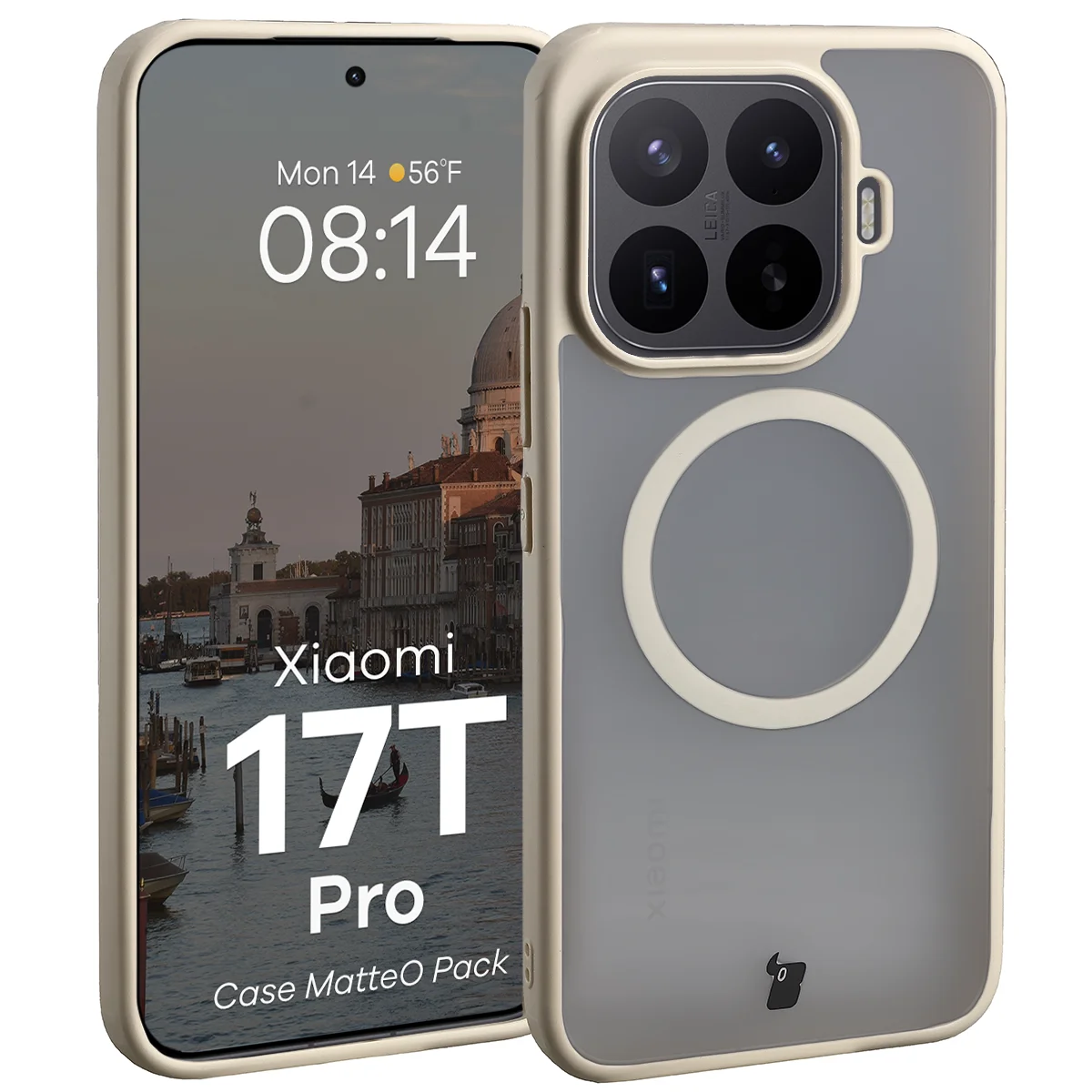 Schutzhülle mit Magnetring + gehärtetem Glas für Xiaomi 17T Pro, Bizon MatteO Pack, Getönt-Beige
