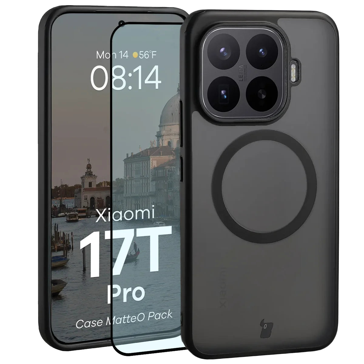 Schutzhülle mit Magnetring + gehärtetem Glas für Xiaomi 17T Pro, Bizon MatteO Pack, Getönt-Schwarz