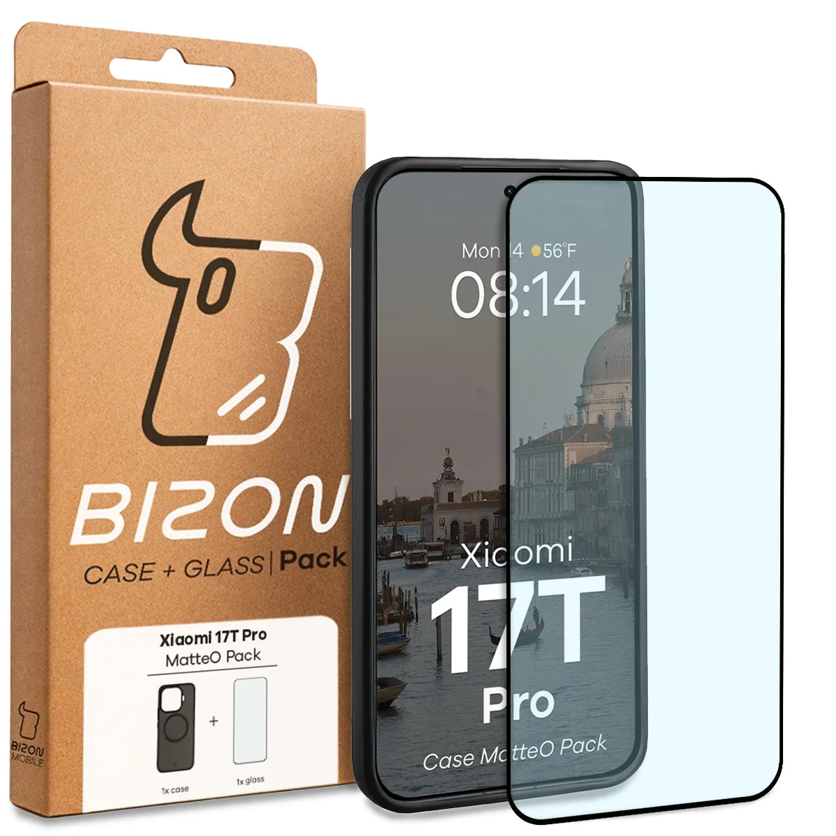 Schutzhülle mit Magnetring + gehärtetem Glas für Xiaomi 17T Pro, Bizon MatteO Pack, Getönt-Schwarz