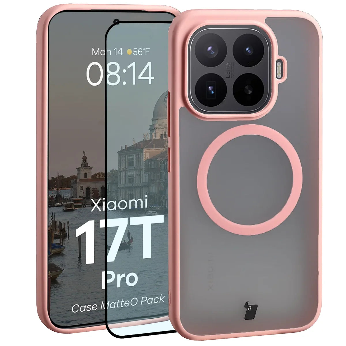 Schutzhülle mit Magnetring + gehärtetem Glas für Xiaomi 17T Pro, Bizon MatteO Pack, Getönt-Hellrosa